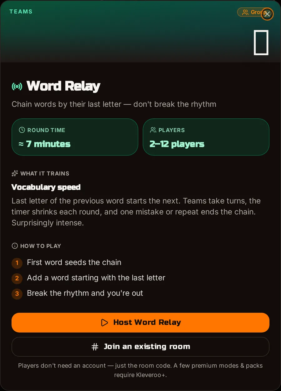 Kleveroo Word Relay game mode screen showing a 7-minute team round for 2–12 players, chain-words-by-last-letter rules, and a Host Word Relay button