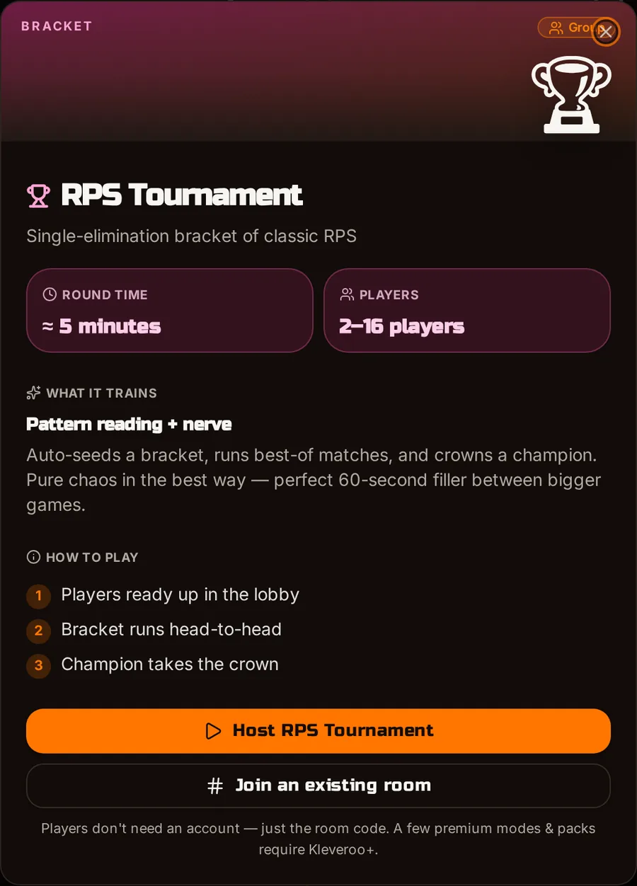 Kleveroo RPS Tournament game mode screen showing a single-elimination bracket, 5-minute round time, 2–16 players, how-to-play steps, and a Host RPS Tournament button