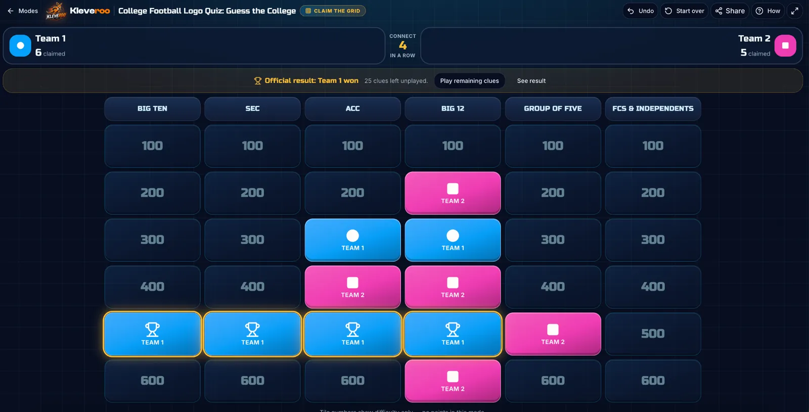 Claim the Grid sample gameplay on a Kleveroo board