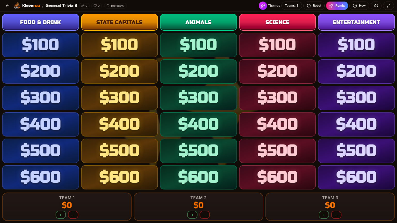 Live Kleveroo Jeopardy-style team trivia board with five categories and point tiles