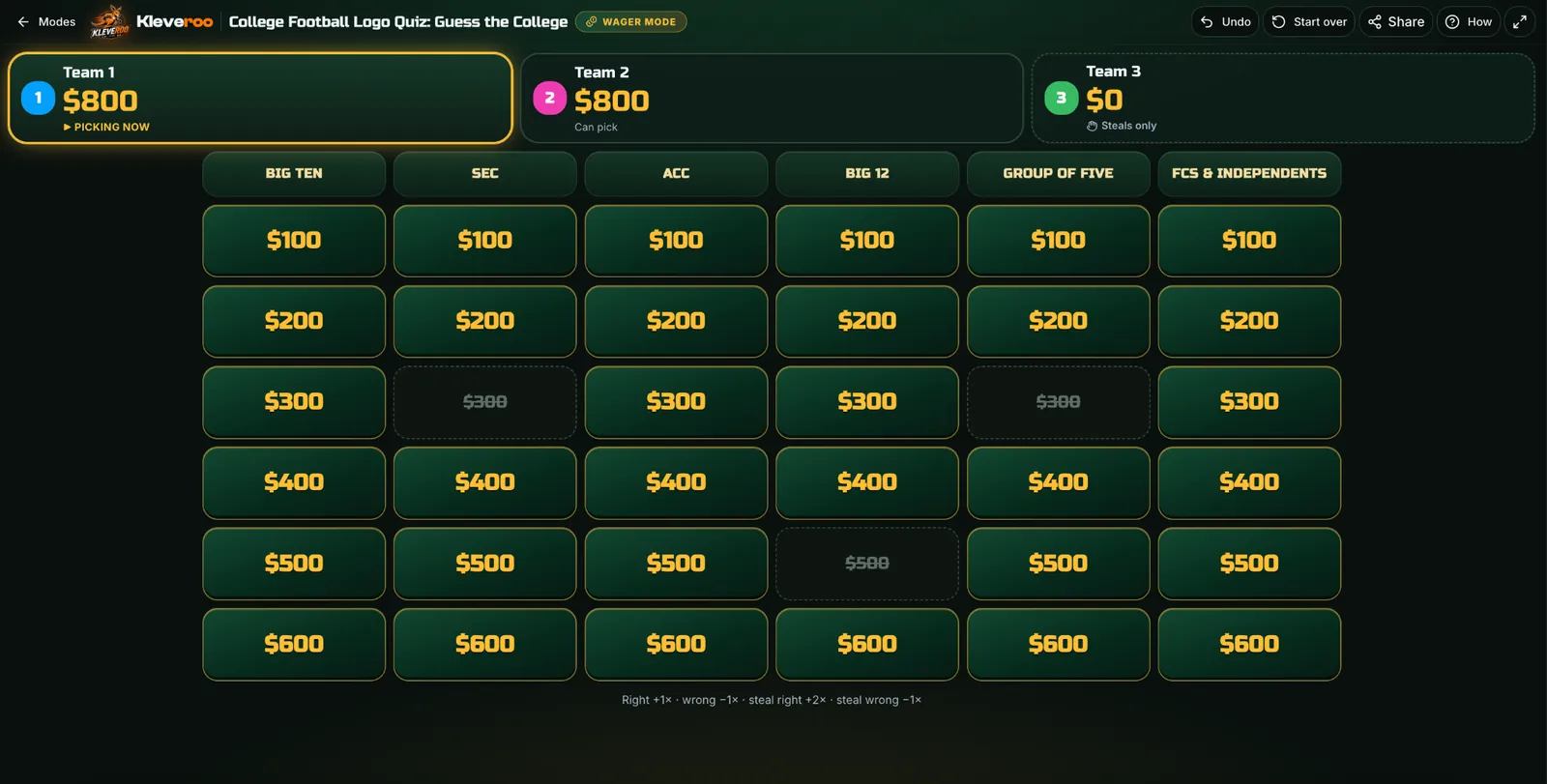 Wager Mode sample gameplay on a Kleveroo board