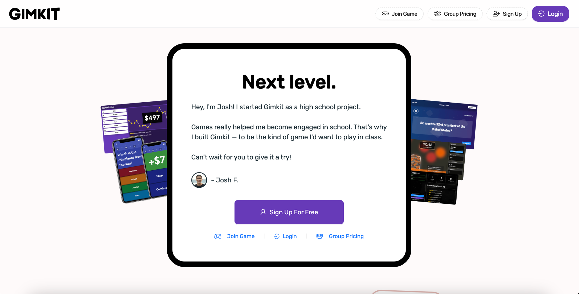 Gimkit homepage
