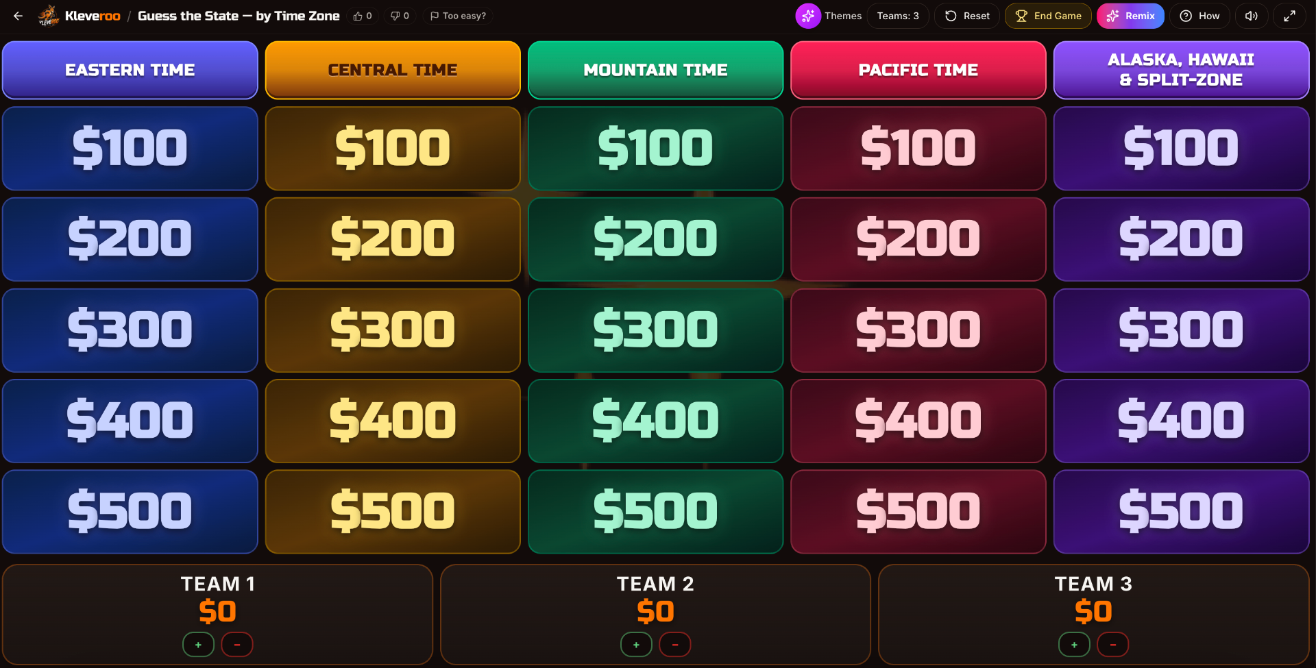 Kleveroo Jeopardy-style review board