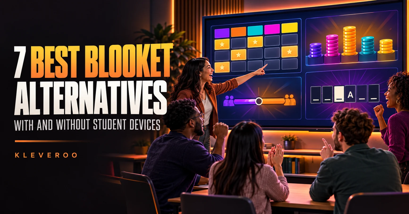 Kleveroo article header: the best Blooket alternatives for teachers, with and without student devices.