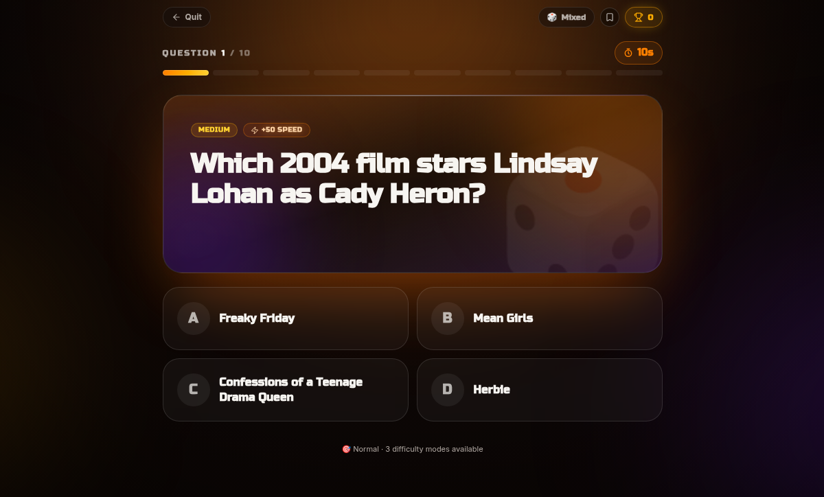 Kleveroo movie trivia question with four multiple-choice answers and live timer