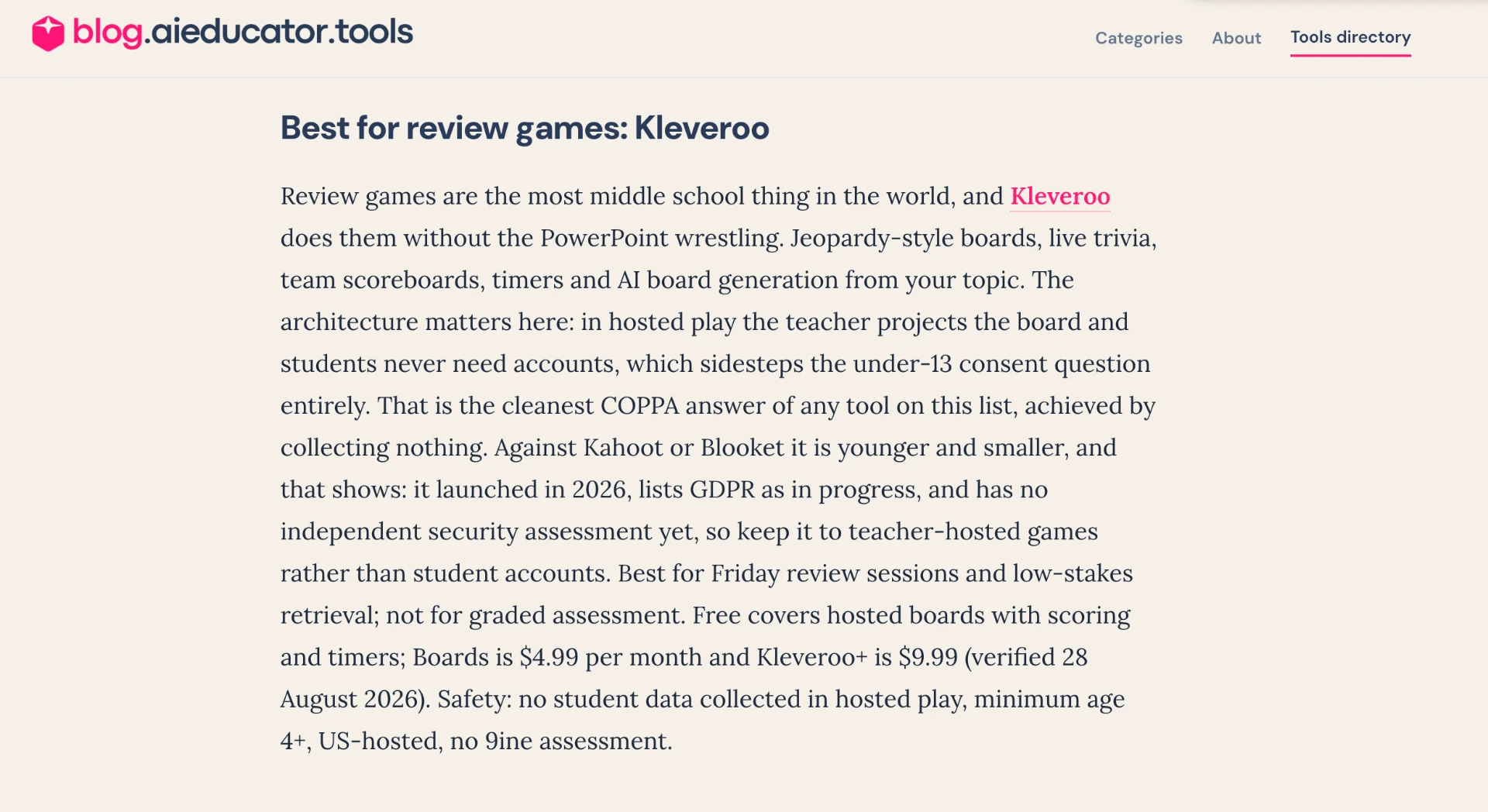 AI Educator Tools article section naming Kleveroo Best for review games