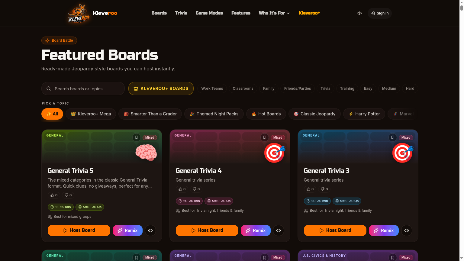 Kleveroo featured boards library filtered for work teams