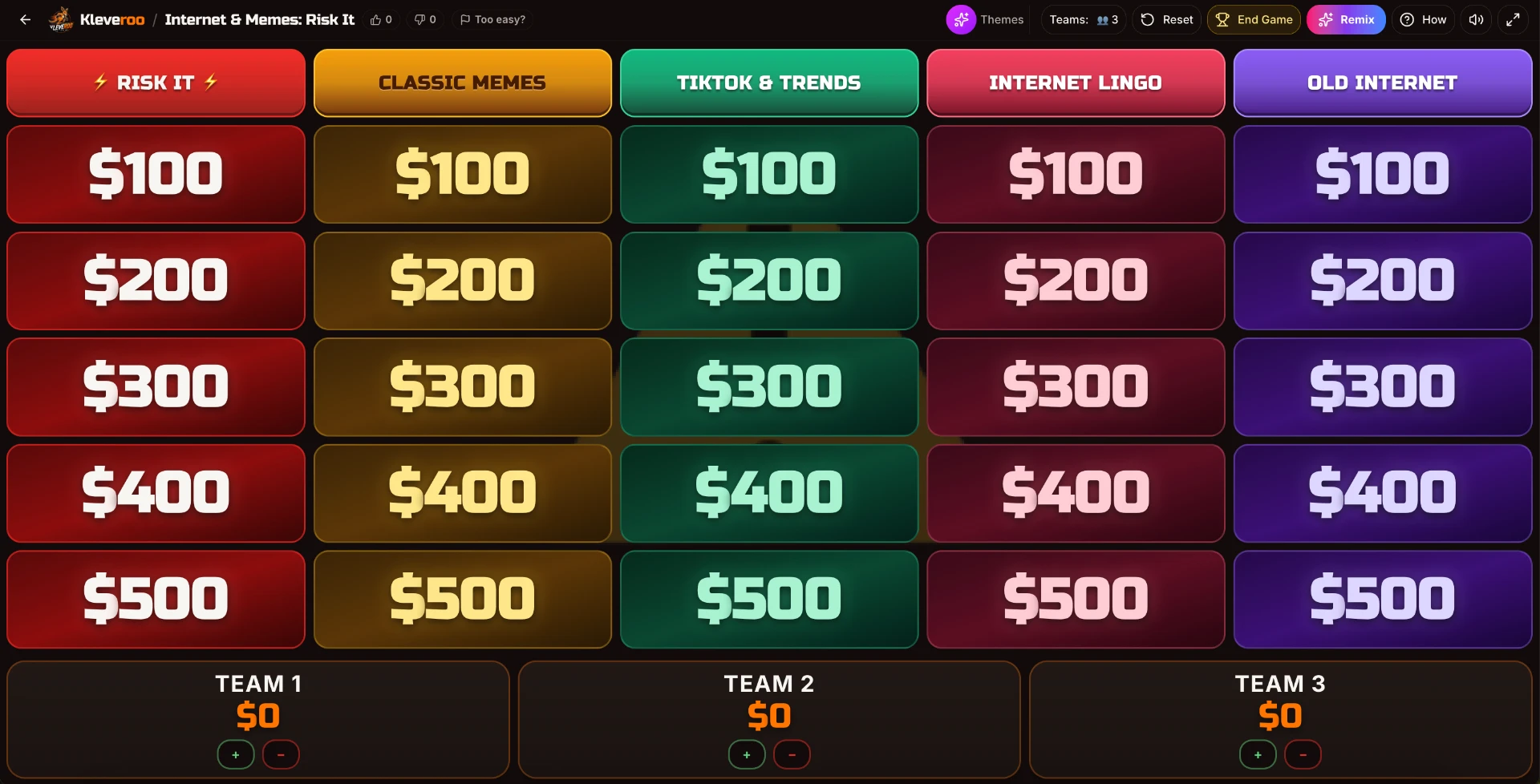 Kleveroo Board Battle shared-screen Jeopardy-style board with built-in team scoring