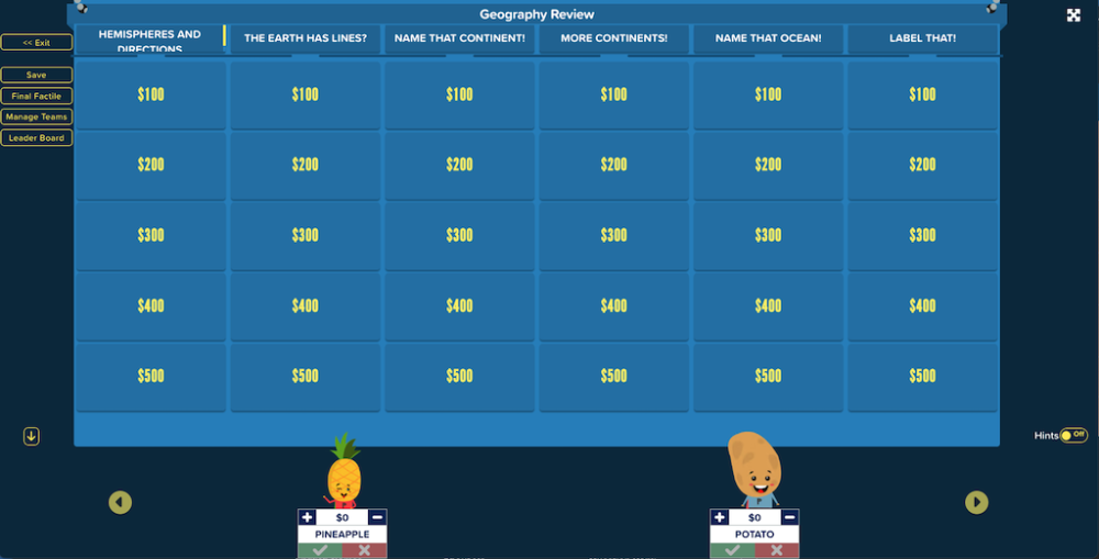 Factile Jeopardy-style game board interface