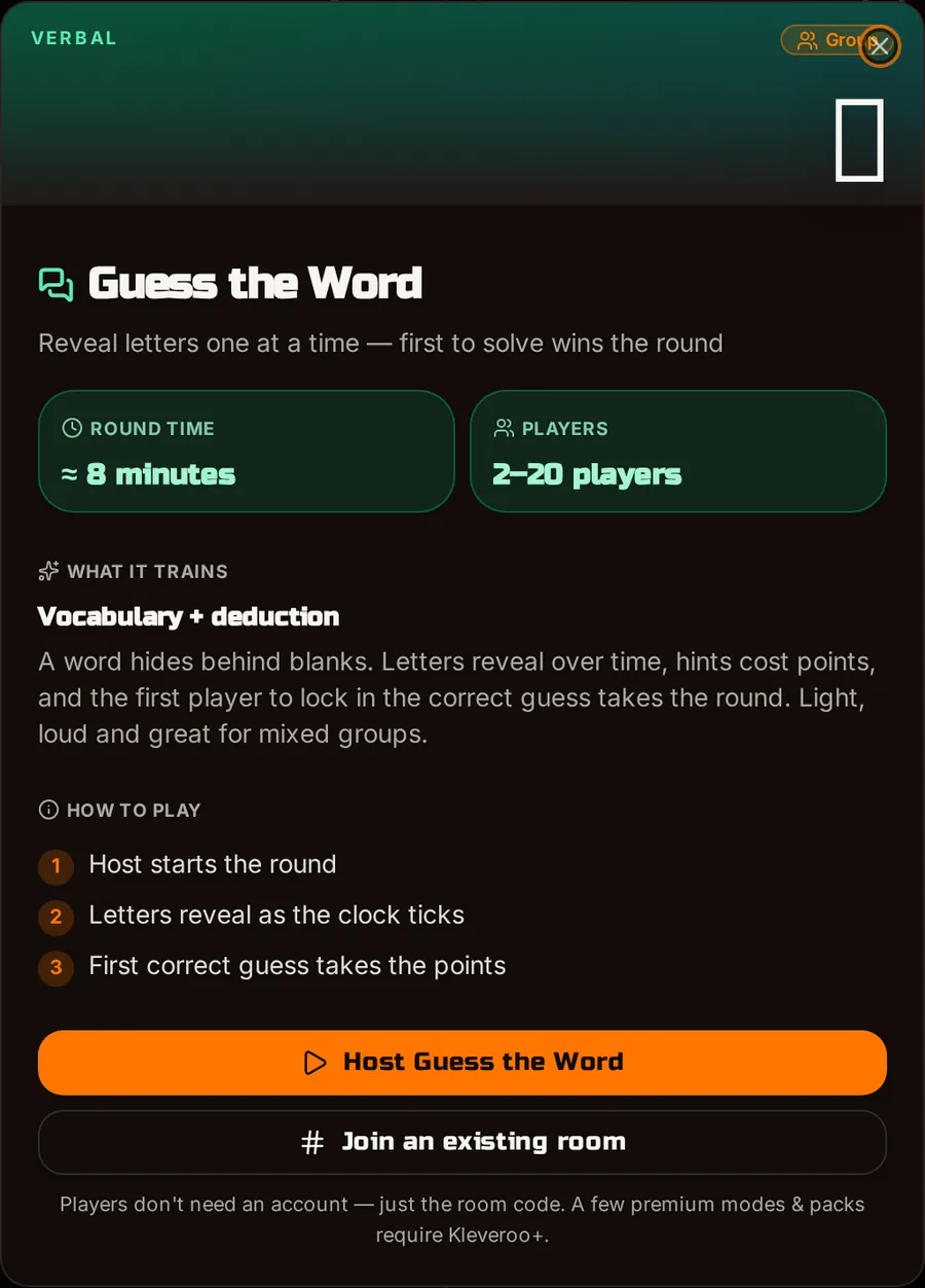 Kleveroo Guess the Word game mode screen showing an 8-minute round for 2–20 players, letters-reveal-on-a-timer rules, and a Host Guess the Word button