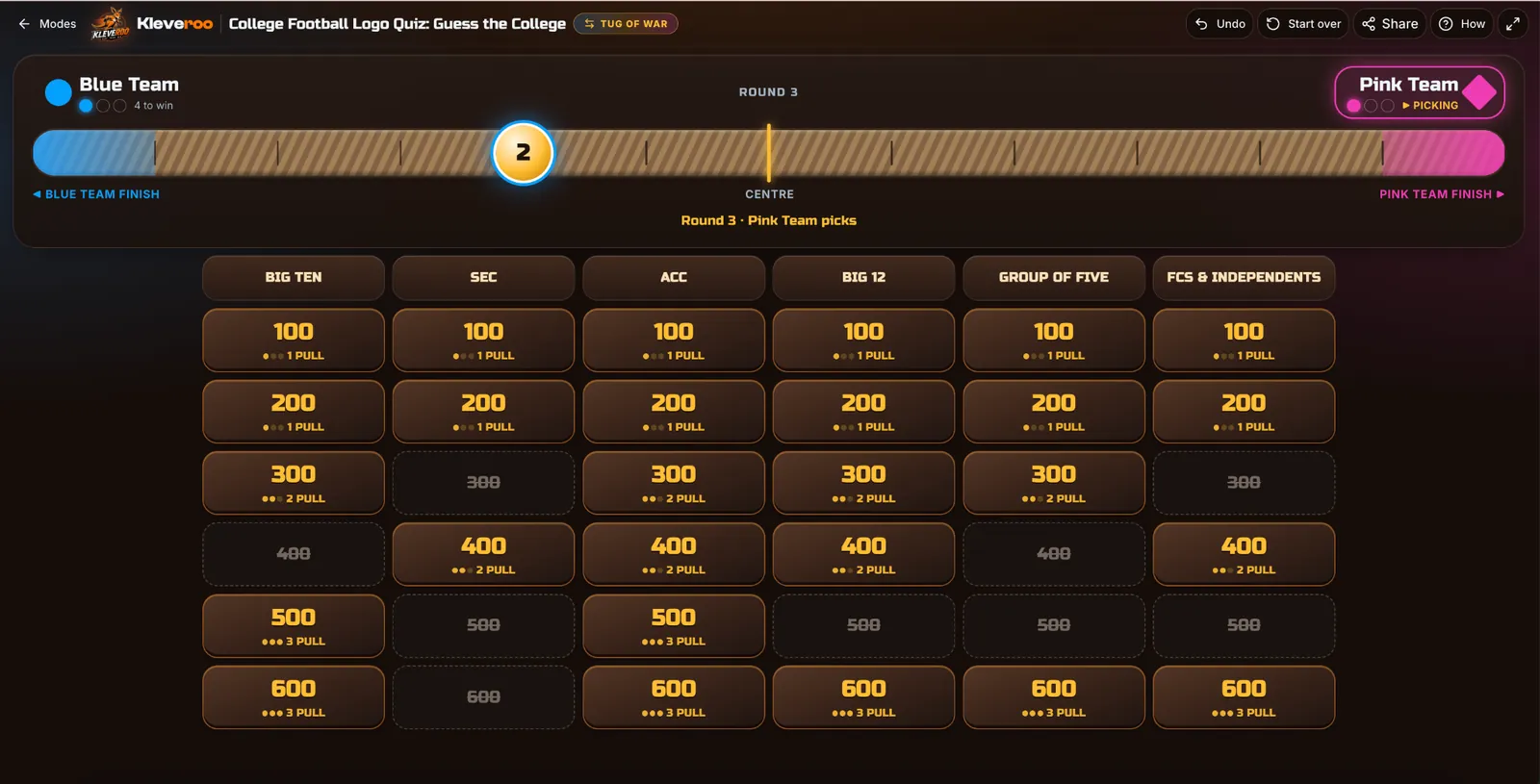 Tug of War sample gameplay on a Kleveroo board